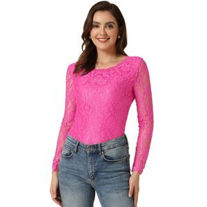 Sheer Long Sleeves Flower Embroidery Lace Top Hot Pink